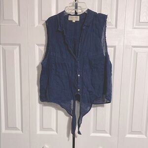 Cloth & Stone linen Blue Button Down Tie Front Blouse size LARGE